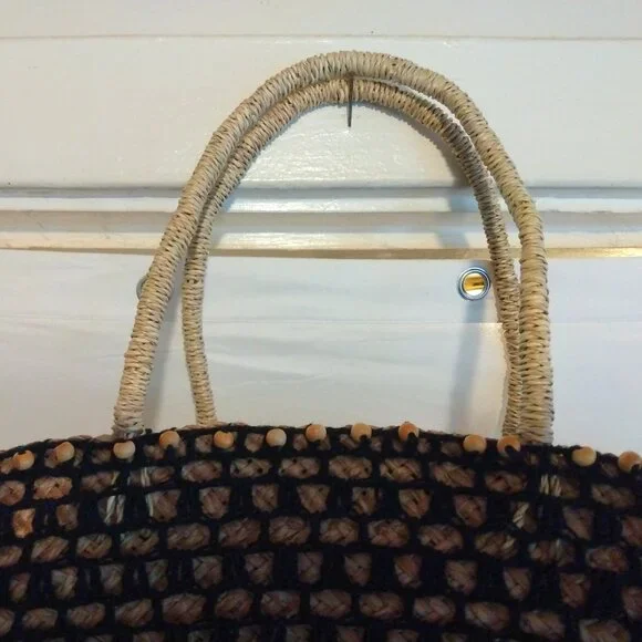 Handmade Braided Straw Basket Tote Boho Crochet Beaded Trim Drawstring Bag - Picture 6 of 10